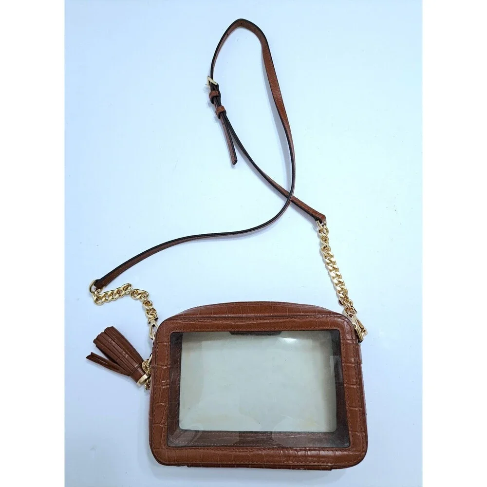 Michael Kors Clear Crossbody Bag Zip Gold Chain Brown Leather Stadium Ginny Jet